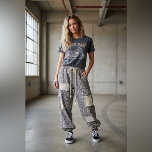 NWT POL Leopard Animal Cheetah Print Patchwork Floral Crochet Patch Jogger Pants